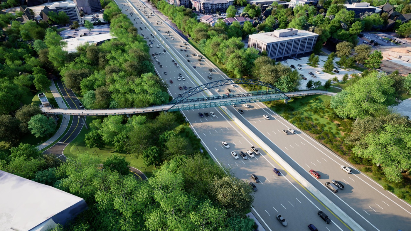Official aerial rendering of the Peachtree Creek Greenway bridge crossing Interstate 85