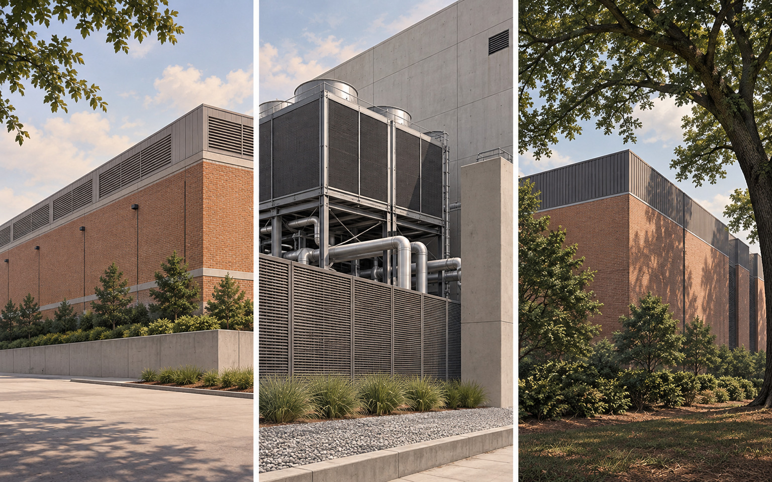 AI editorial concept showing a three-panel collage of brick-and-metal data center buildings, mechanical cooling equipment, landscaping, and mature trees in warm daylight.