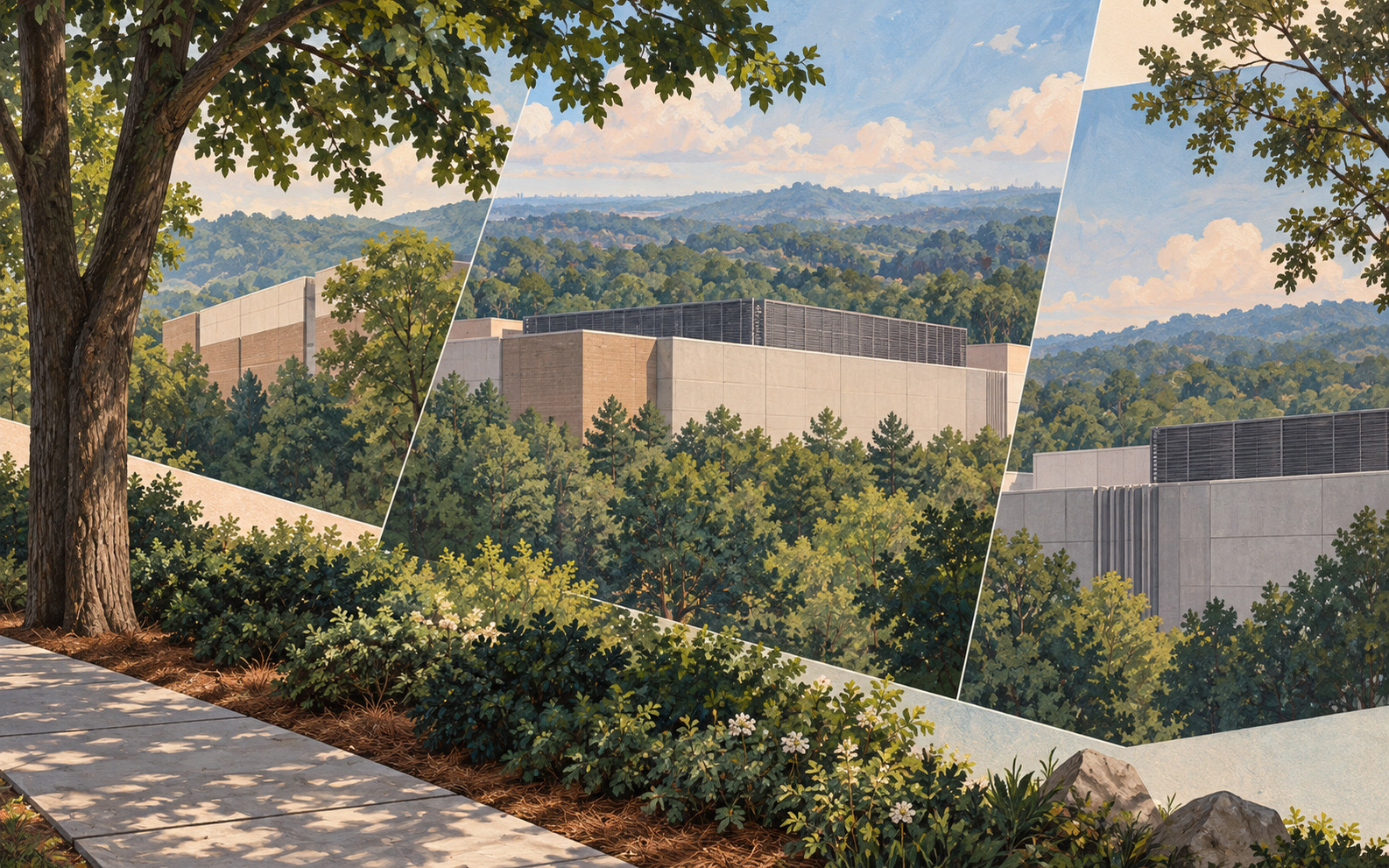 AI editorial concept showing several large, windowless concrete and brick utility buildings with rooftop mechanical screens amid dense trees beside a landscaped sidewalk.