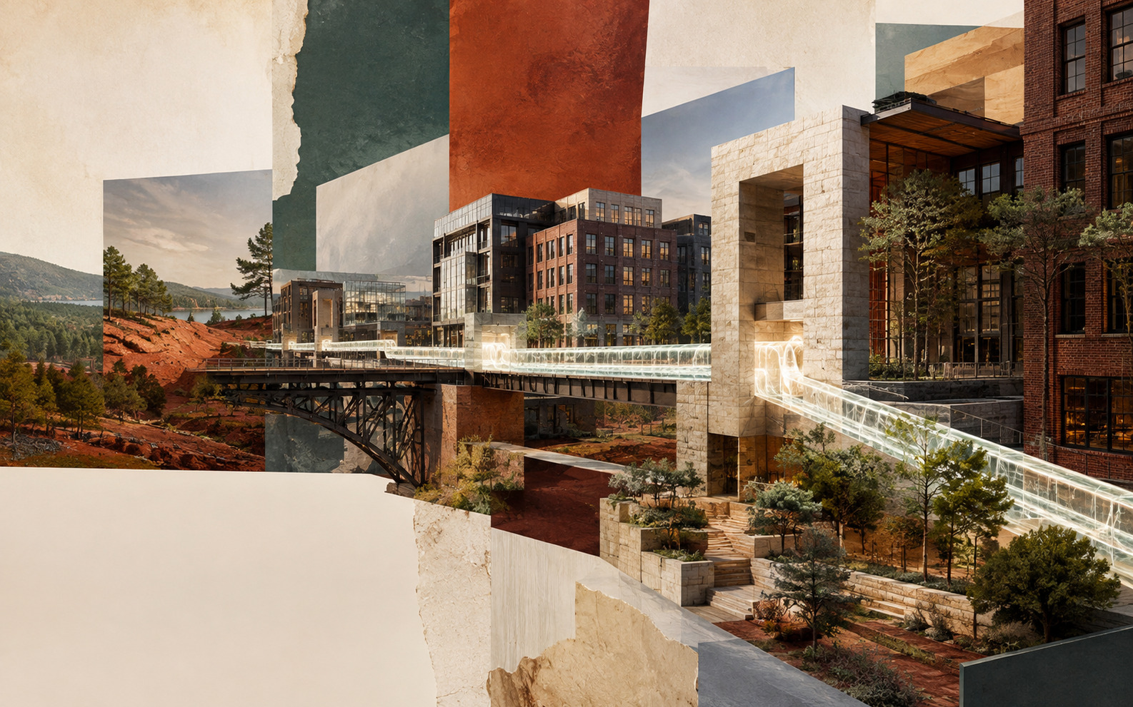 An AI editorial concept shows layered cut-paper planes framing brick-and-stone urban buildings, landscaped terraces, bridges, trees, and luminous pathways.