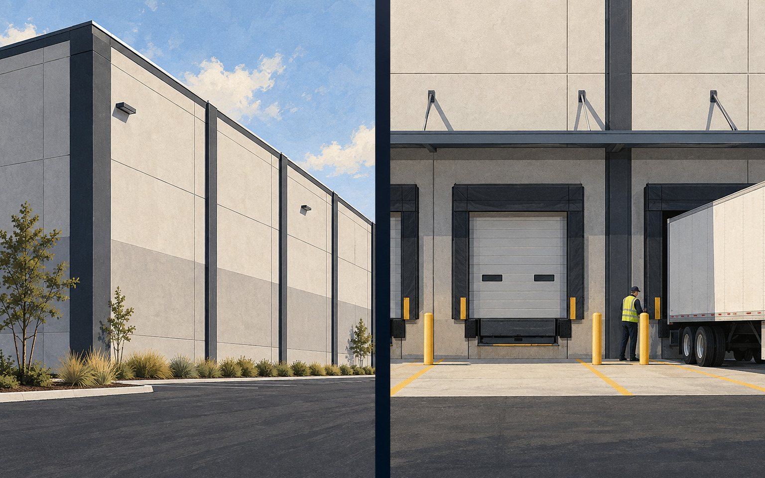 An AI editorial concept shows a split-panel view of a concrete warehouse exterior and loading docks with a trailer, worker, bollards, pavement, and sparse landscaping.