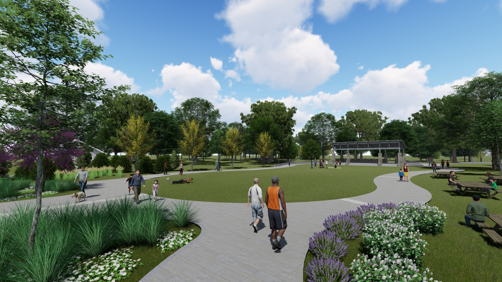 Rendering of Enota Park’s open lawn and curved paths.