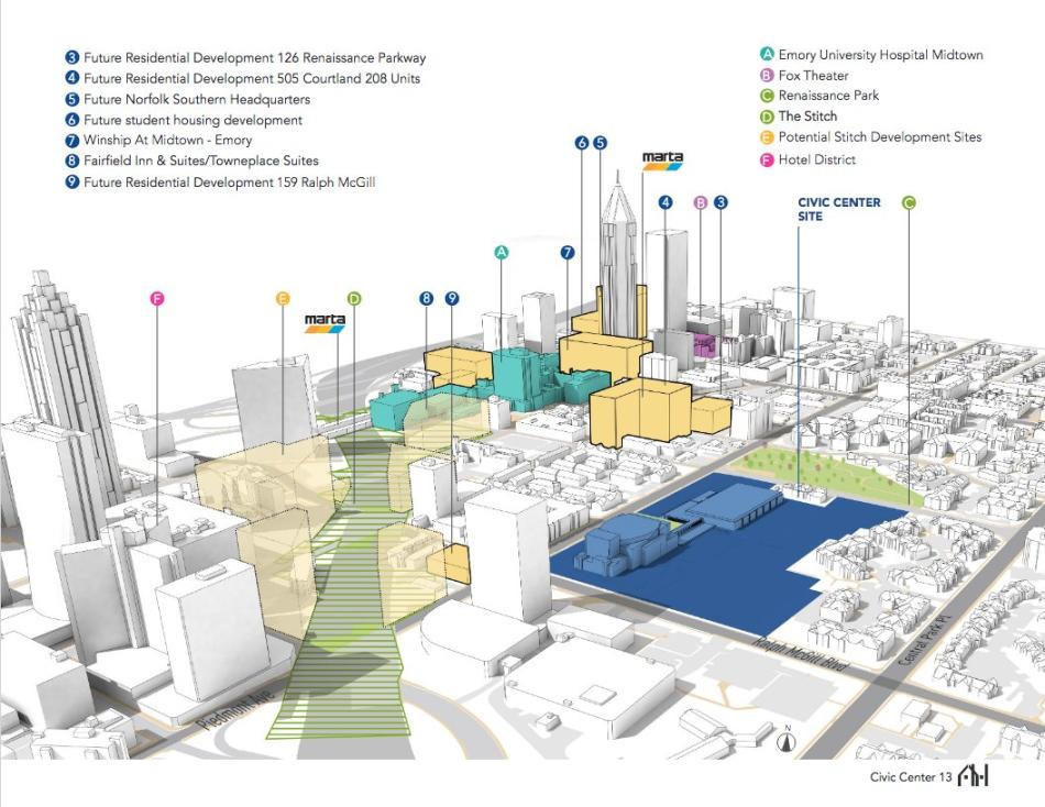 Civic Center redevelopment site outlined within the surrounding neighborhood.