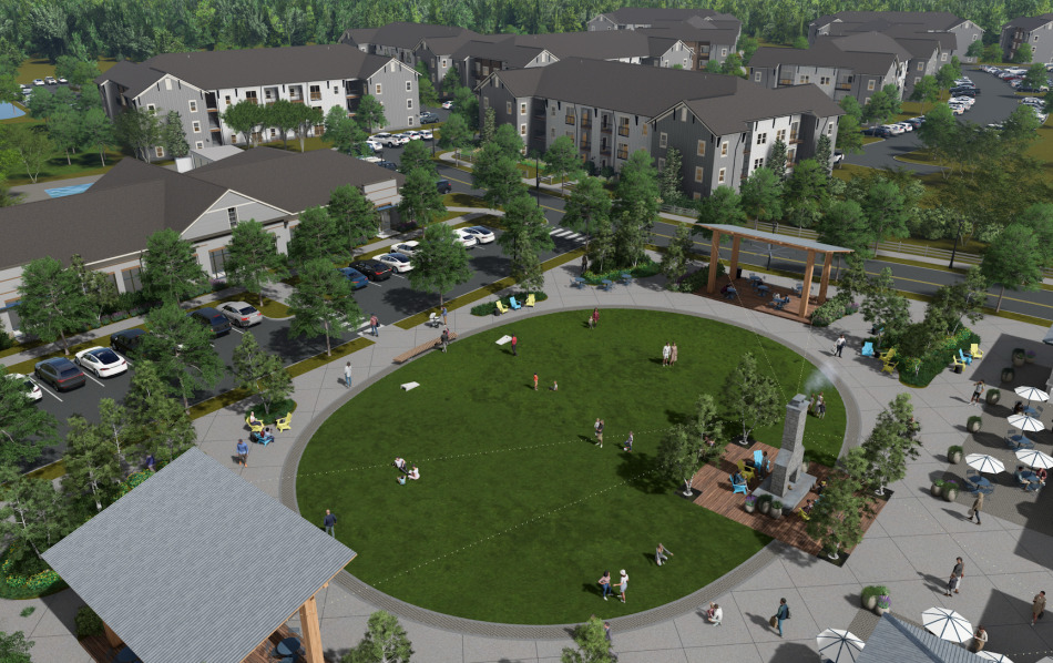 As shown in renderings, overview of Meadow Glen Village's communal greenspace and nine-building site plans.