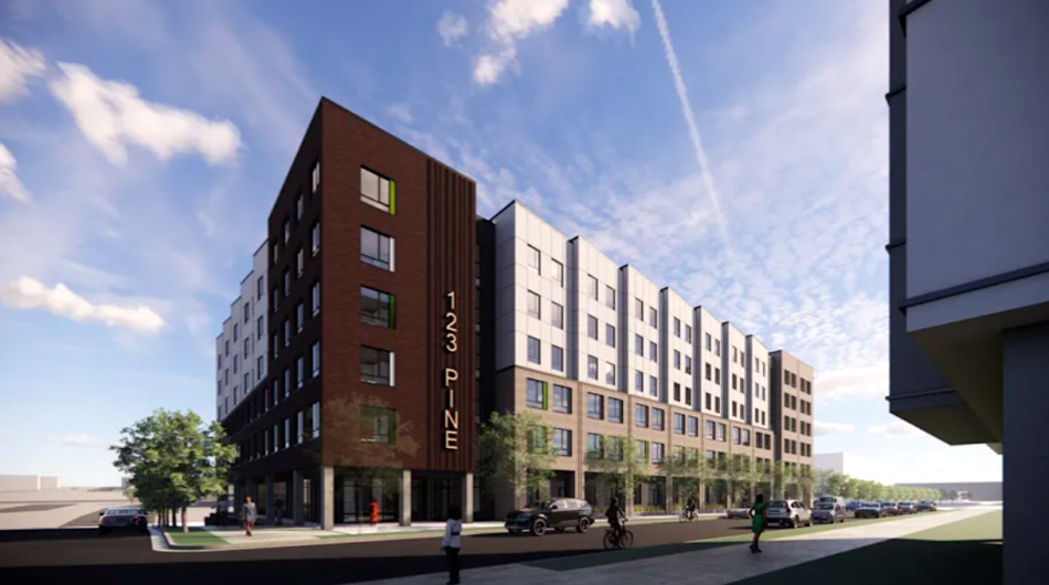 Rendering of the first phase of housing and retail at the Atlanta Civic Center site.