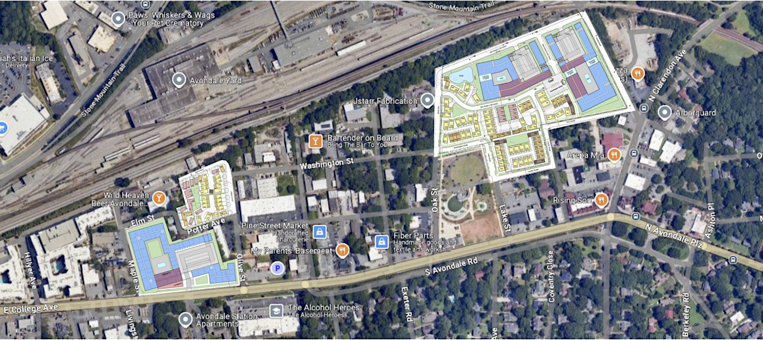 Overview of the parcels totaling 18 acres next to Avondale Estates' downtown commercial village and another section (at left) near Wild Heaven Beer.