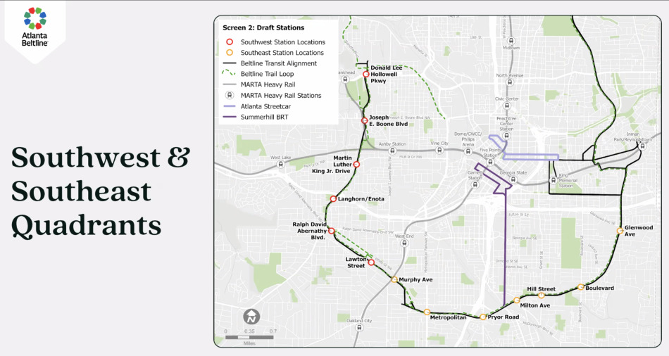 Tentative plans for routes and 13 station locations along the Beltline corridor's southern swoop.