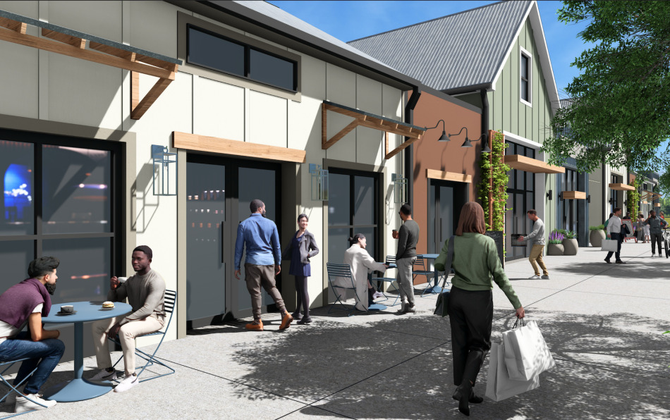 Expected look of one of two retail buildings, once occupied, planned for Meadow Glen Village that flank the town green, per developers.