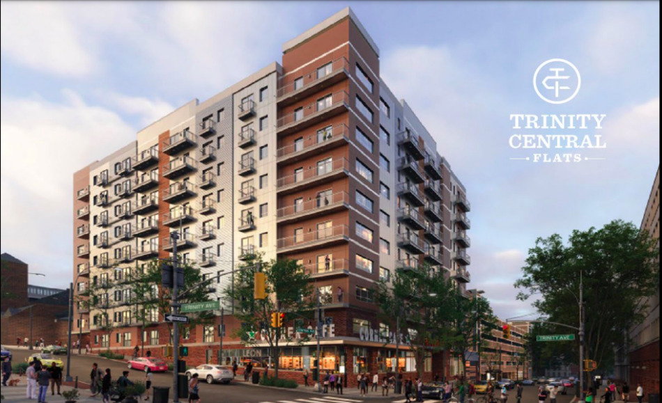 Fleshed-out depiction of the Trinity Central Flats proposal, rising 10 stories from the corner and linked to an existing parking garage.