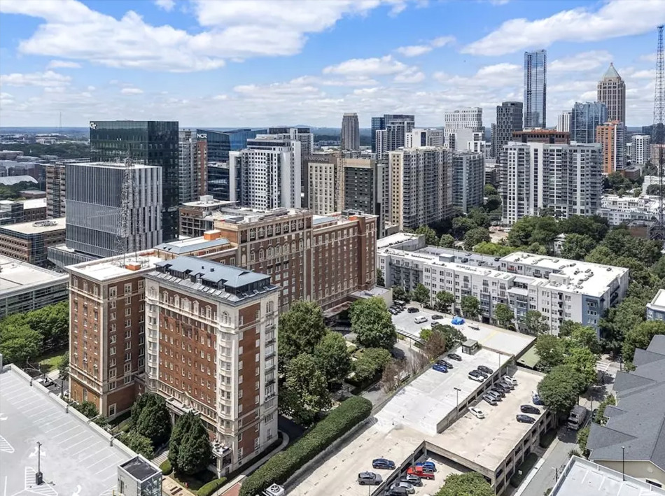 Aerial photograph of the Biltmore and surrounding Tech Square blocks.