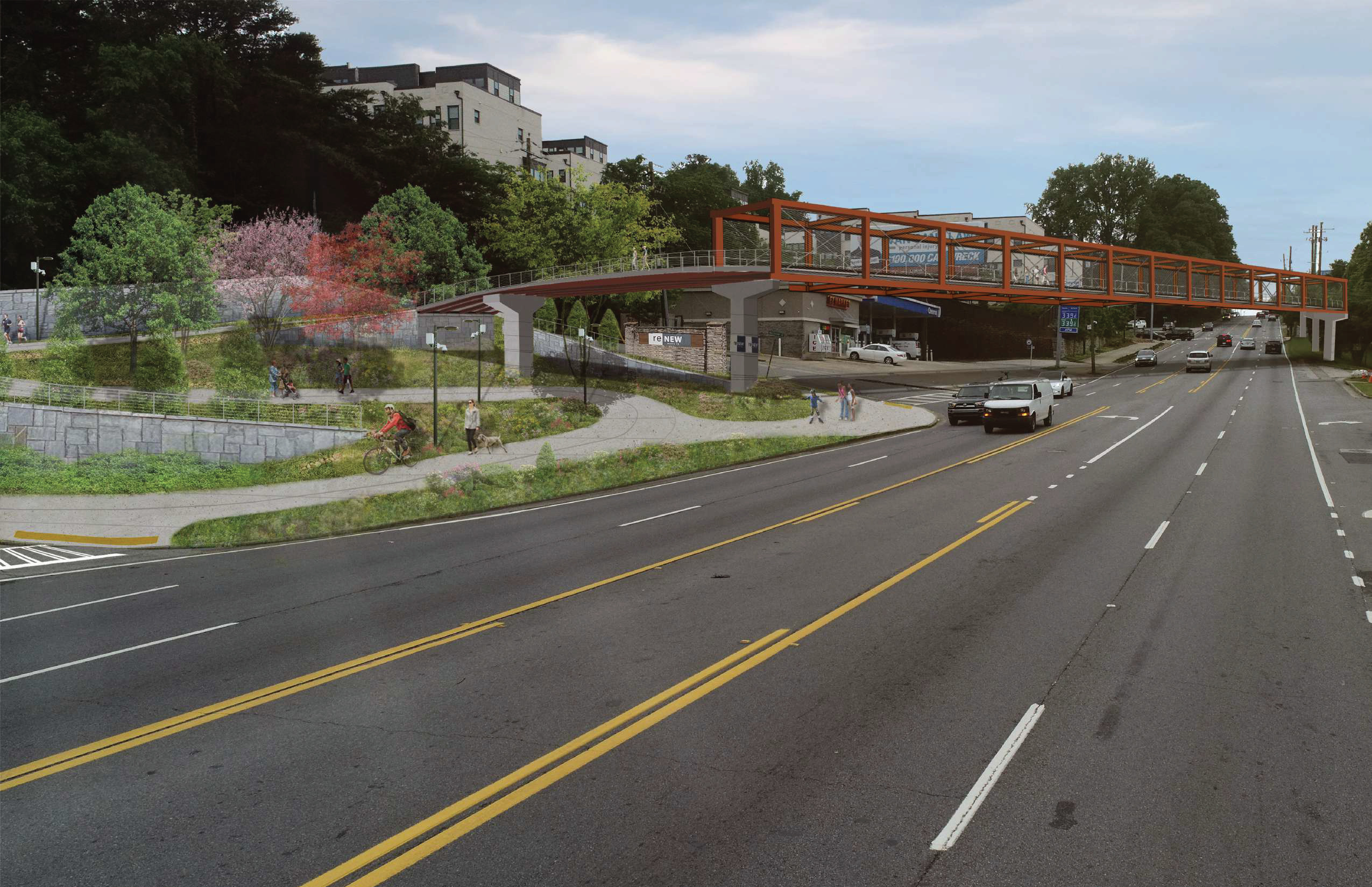 Rendering of the new orange steel pedestrian bridge carrying the Atlanta BeltLine Northwest Trail over Northside Drive near a QuikTrip station, with people walking and biking on the approach path.