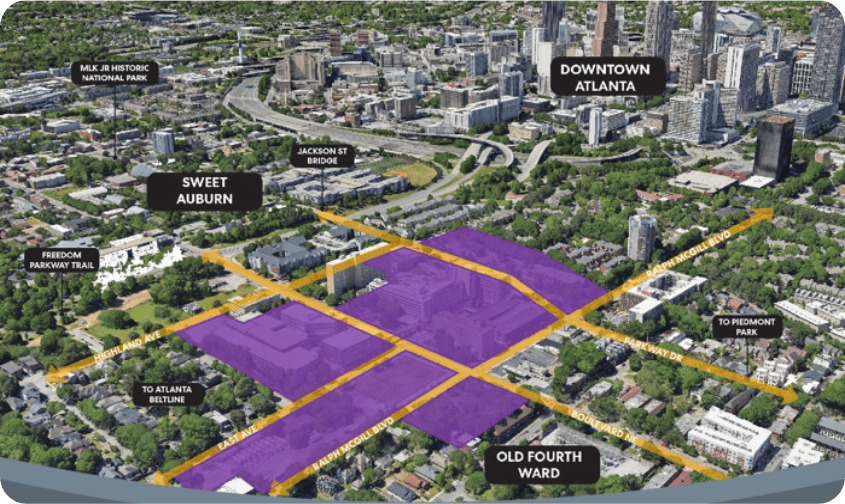 BLVDNEXT redevelopment site highlighted on an aerial map.