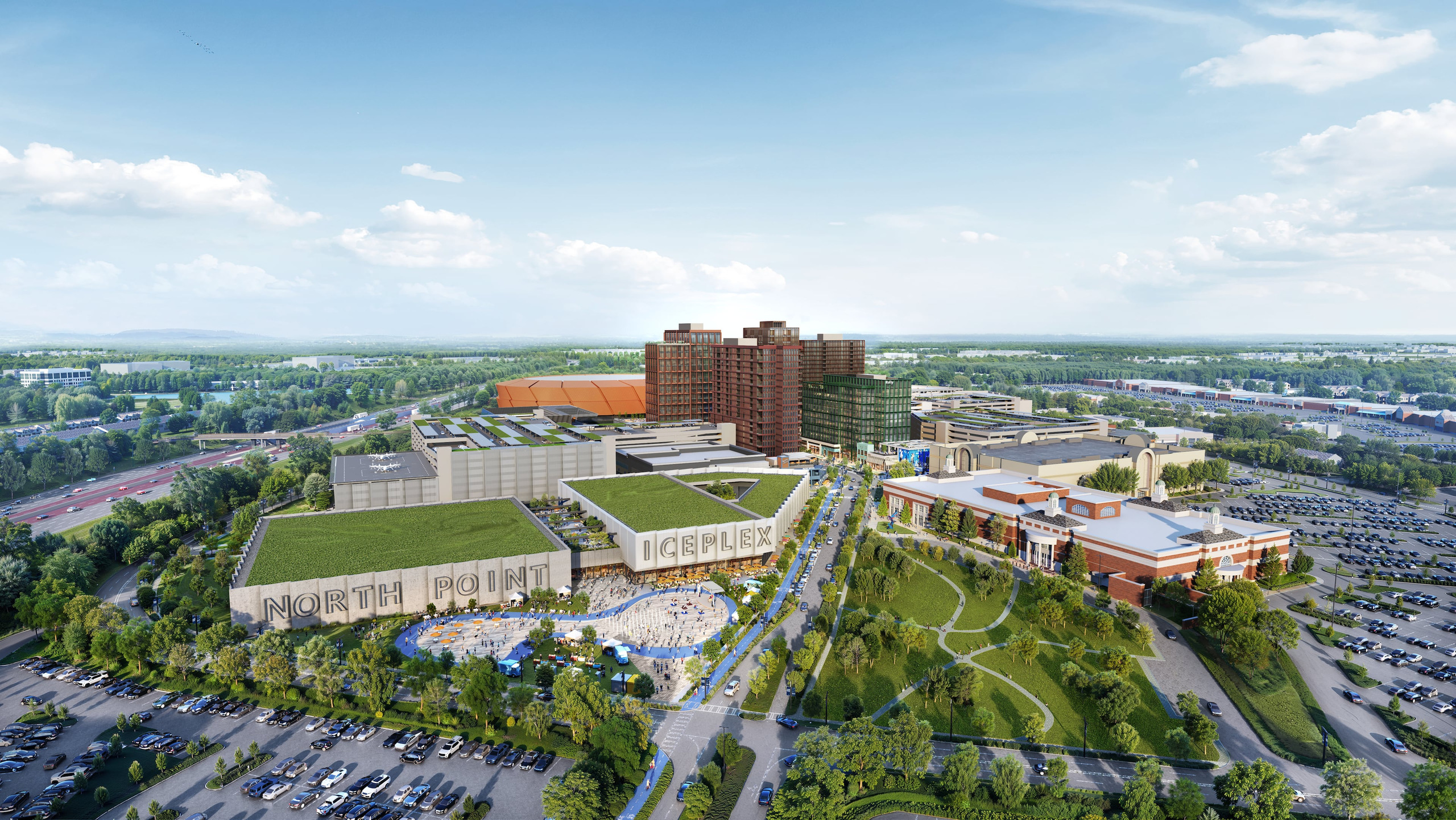 This is a rendering of a planned redevelopment of North Point Mall in Alpharetta by Jamestown and New York Life. If completed as proposed, it would become one of the largest live-work-play districts i