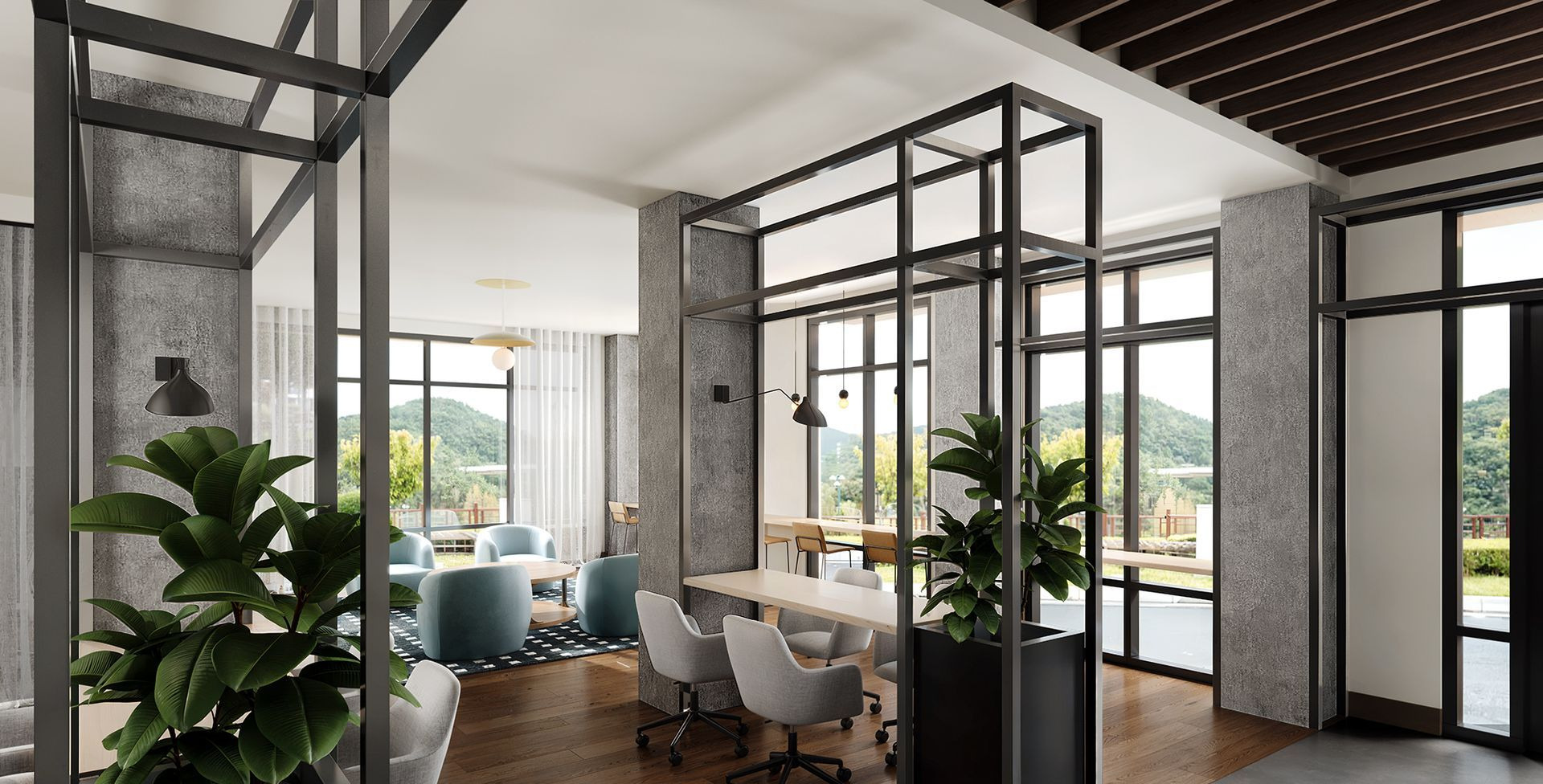 Modern open-plan office with glass partitions, desks, chairs, and indoor plants