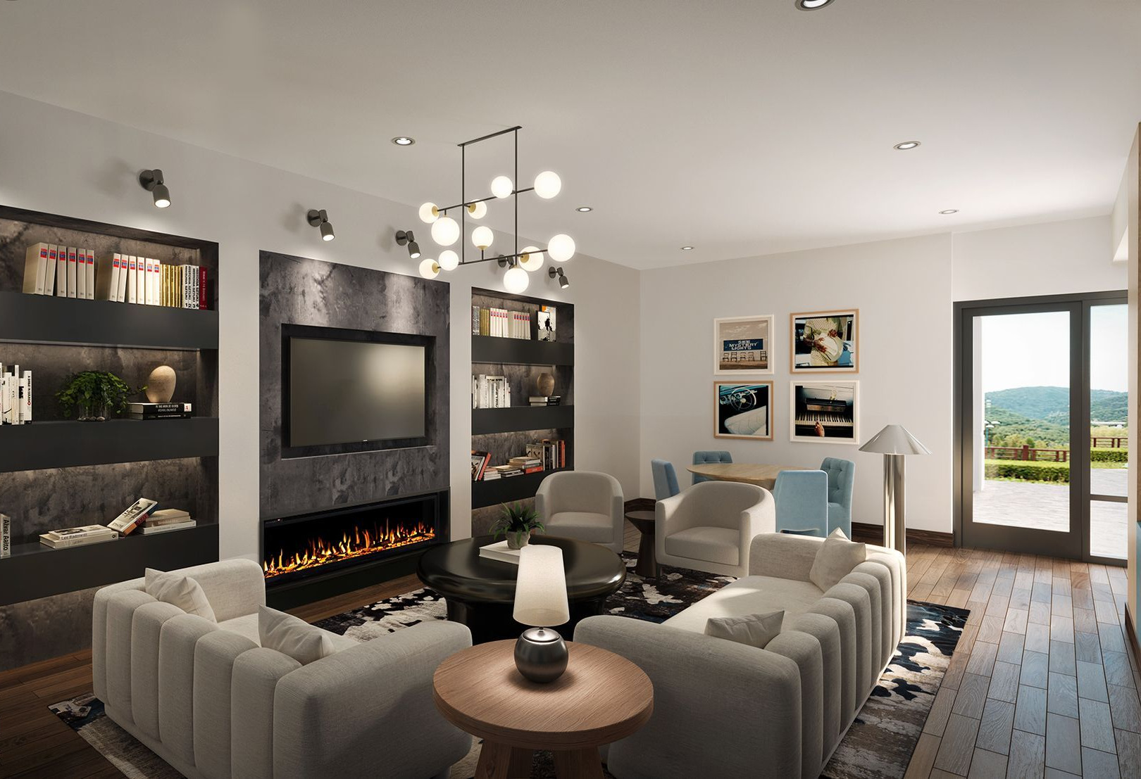 Modern living room with gray sofas, fireplace, wall-mounted TV, and large windows overlooking water