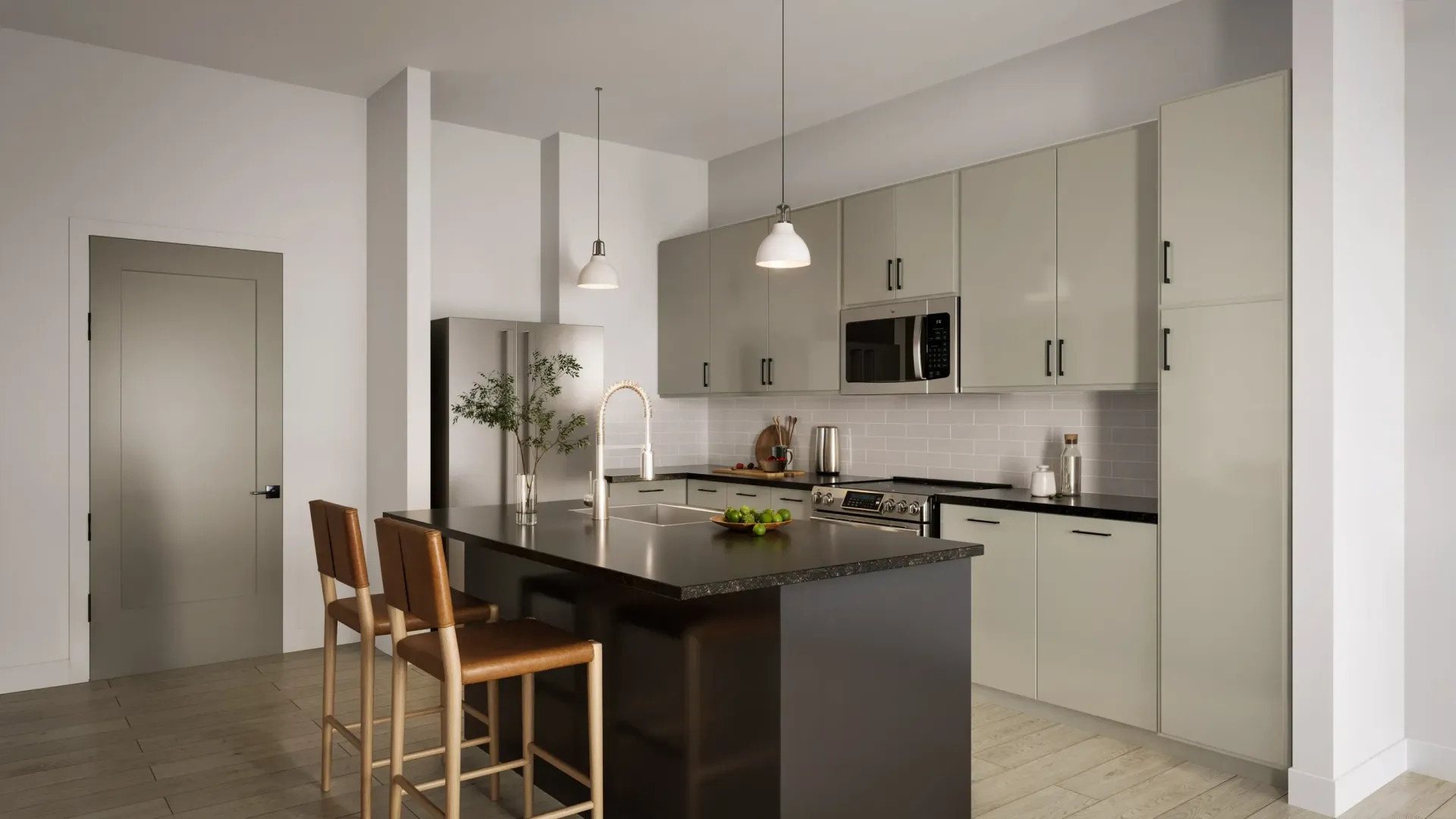 Modern kitchen with black island, light cabinets, pendant lights, and bar stools