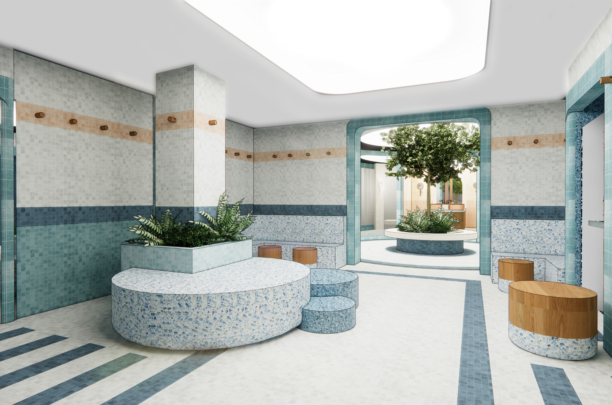 Rendering of a blue-tiled bath space at Recess Hotel and Club.
