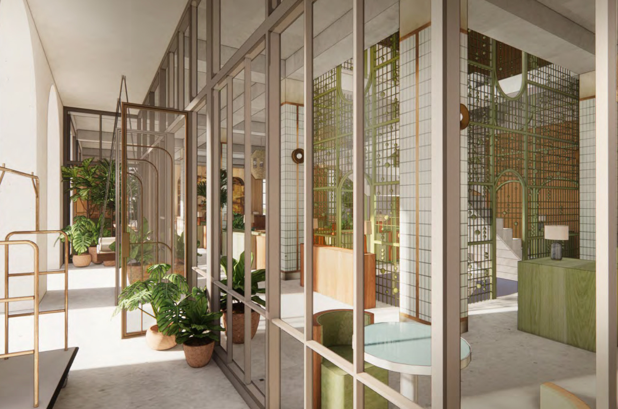Rendering of a planted lobby and entry space for Recess Hotel and Club in Savannah's Manger building.