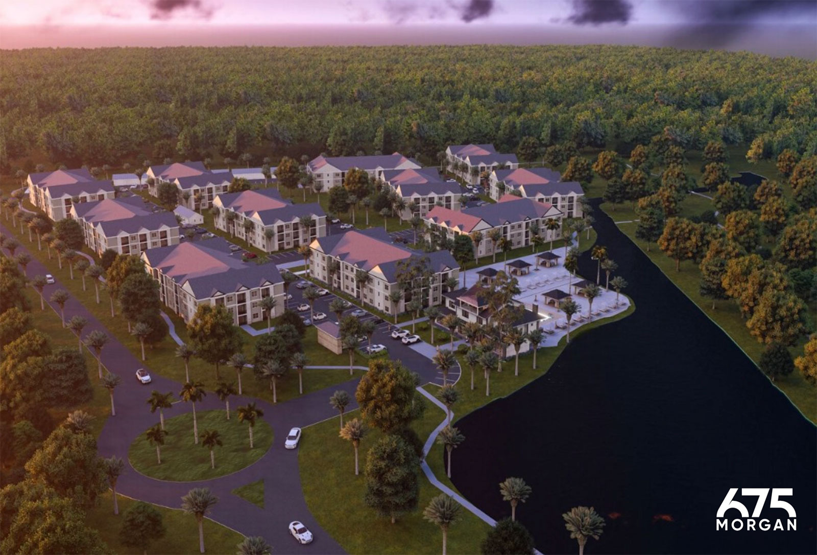 Official aerial rendering of the 675 Morgan apartment community at Savannah Highlands.