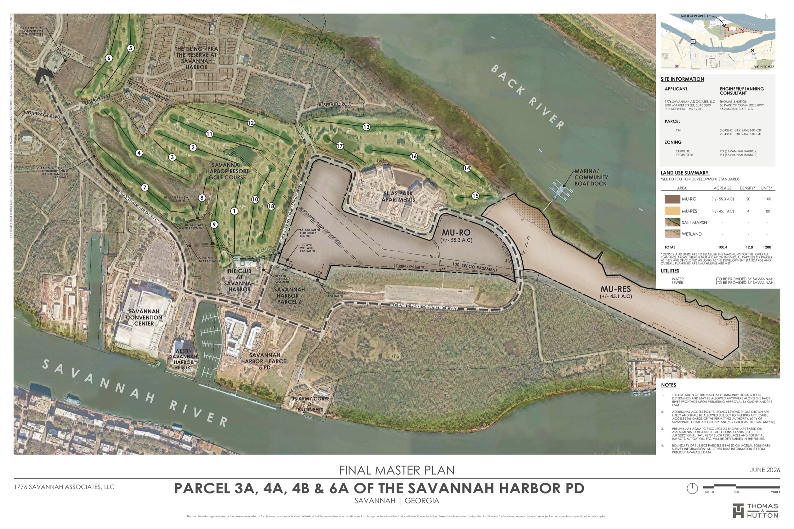 June 2026 final master plan for Savannah Harbor parcels 3A, 4A, 4B and 6A, showing resort mixed-use and residential districts along the Back River.