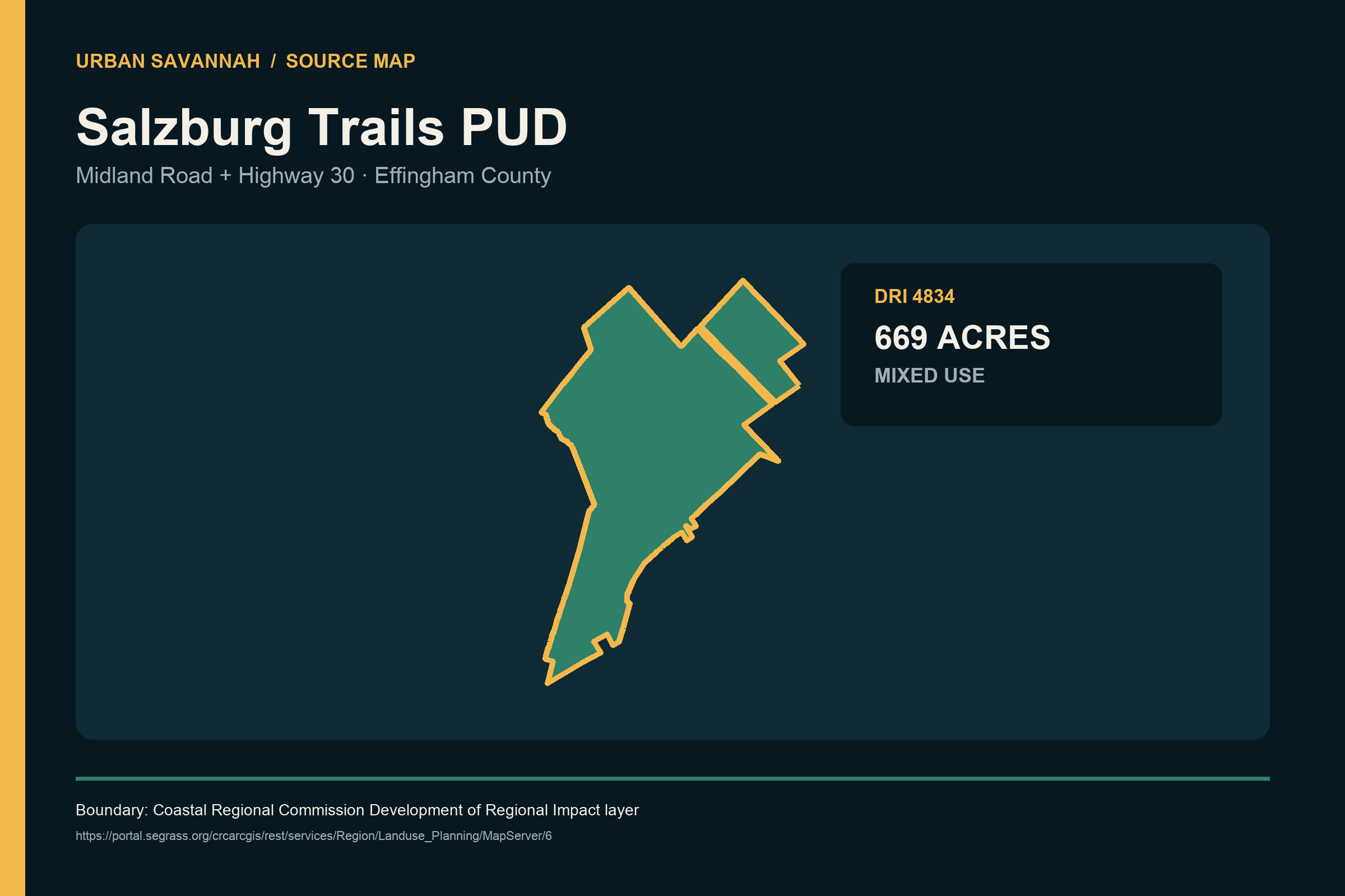 Source map of the two recorded Salzburg Trails PUD boundary polygons at Midland Road and Highway 30 in Effingham County.